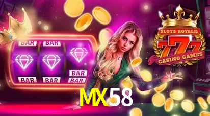 Una escena digital vívida inspirada en casino con MX58 mostrado prominentemente, luces brillantes, fichas, cartas y acentos dorados.