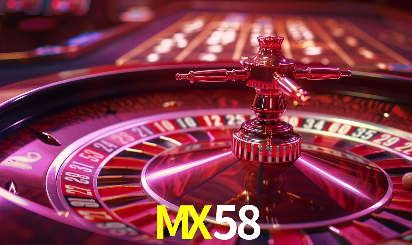 Escena dinámica inspirada en casino con iluminación MX58, cartas, fichas e íconos de juegos digitales en un espacio moderno de juegos.